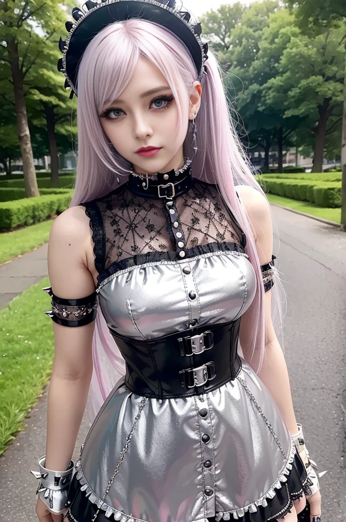 sexy stylish Swedish model, only 1 female, ((doll-like appearance)), long neon pink stylish hair, ((shiny Punk-Style boots)), (beautiful smile), ultra detailed eyes, Punk makeup, lipgloss, ((sexy Punk Lolita cosplay)), unconventional skirt, petticoats, high neckline, ((ultra detailed lace)), ((ultra detailed embroidery)), intricate details, tartan patterns, (silver chains), (silver spikes), (safety pins), Punk Lolita accessoires, Punk Lolita choker, ((large sparkling Punk Lolita jewelry)), cinematic light, detailed large park background with trees