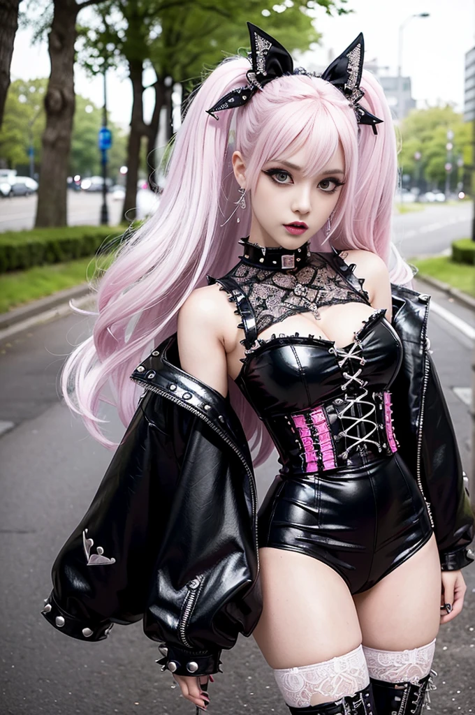sexy stylish Swedish model, only 1 female, ((doll-like appearance)), long neon pink stylish hair, ((shiny Punk-Style boots)), (beautiful smile), ultra detailed eyes, Punk makeup, lipgloss, ((sexy Punk ta cosplay)), unconventional skirt, petticoats, high neckline, ((ultra detailed lace)), ((ultra detailed embroidery)), intricate details, tartan patterns, (silver chains), (silver spikes), (safety pins), Punk Loliccessoires, Punk Lolita cr, ((large sparkling Punk Lolita jewel, cinematic light, detailed large park background with trees