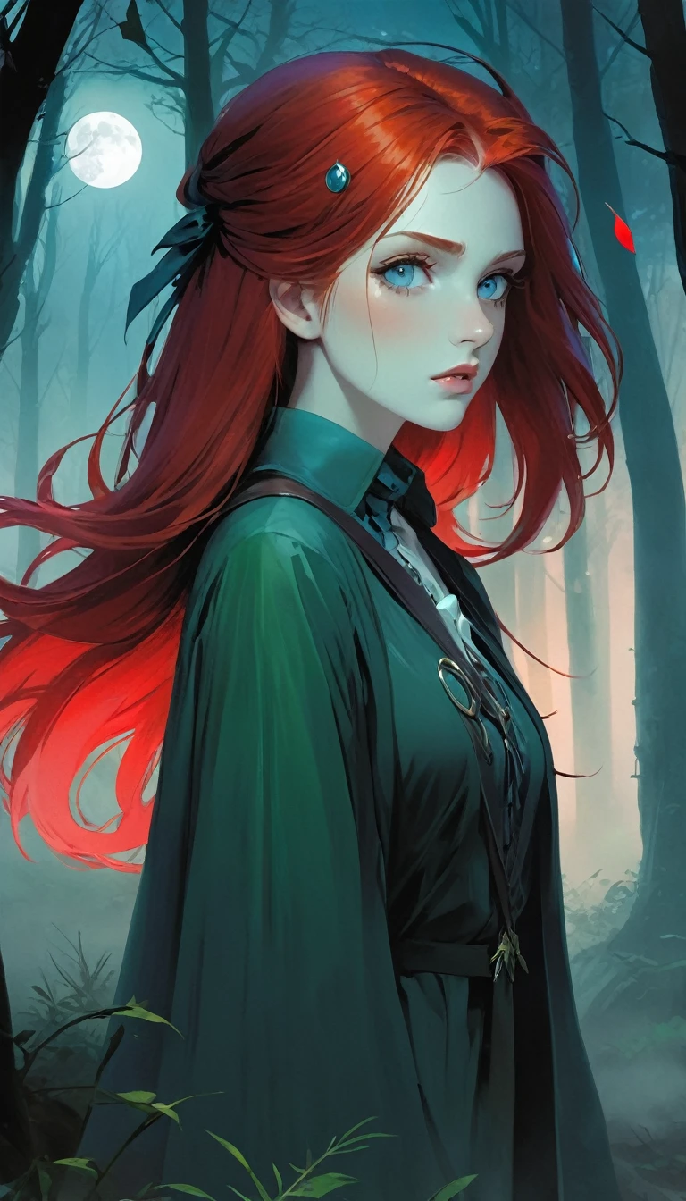 deep_fog,forests,day,hiking_costume,beautiful_red_hair,beautiful_light_blue_green_eyes,multicolored_eyes,1_beautiful_girl,cute_face,beautiful,perfect_quality,perfect_anatomy,masterpiece,desolate cemetery,red moon,deep fog,deep mist,(art inspired by Bill Sienkiewicz). oil painting)
