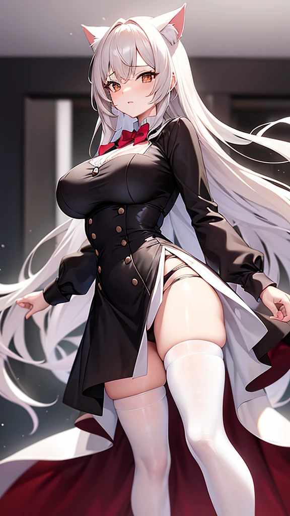 A adult woman, half cat, wide breasts, brown eyes, wearing a white and black dress, red stockings, and standing, and very sexy
