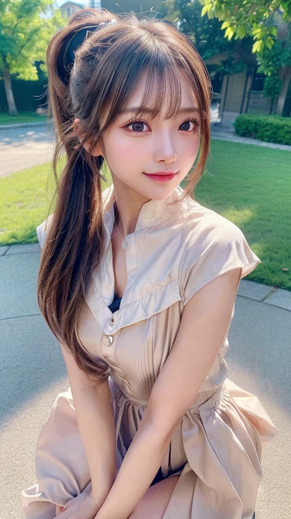 One piece with collar,outdoors,Urban Park,On the lawn,Ultra-detailed, finely detail, hight resolution, 8K Wallpaper, Perfect dynamic composition, Beautiful detailed eyes,Outdoor,Close-up of face,Outdoor,Blushing,Facing forward,,Long hair ponytail,((8k, Raw photo, Best Quality, Mastepiece:1.2), (Realism, Photorealistic:1.4), (Highly detailed 8K wallpapers), Depth of written boundary, Cinematic Lighting, Soft Light, Detailed Beauty Eye,Shiny and smooth light brown ponytail, Asymmetrical bangs, Shiny skin, Ultra-detailed skins ,It is high resolution., High detail, Detailed hairstyle, Detailed facial beauty, Hyper-realistic, Perfect limbs, Perfect ??????? ,1 Japanese girl,Famous Japanese Idols, Perfect female body,A shy smile,Short eyelashes,Double-edged eyelids,Look straight here,Hair style: ponytail,