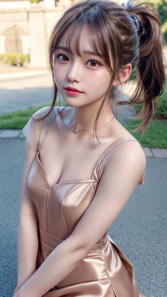 One piece with collar,outdoors,Urban Park,On the lawn,Ultra-detailed, finely detail, hight resolution, 8K Wallpaper, Perfect dynamic composition, Beautiful detailed eyes,Outdoor,Close-up of face,Outdoor,Blushing,Facing forward,,Long hair ponytail,((8k, Raw photo, Best Quality, Mastepiece:1.2), (Realism, Photorealistic:1.4), (Highly detailed 8K wallpapers), Depth of written boundary, Cinematic Lighting, Soft Light, Detailed Beauty Eye,Shiny and smooth light brown ponytail, Asymmetrical bangs, Shiny skin, Ultra-detailed skins ,It is high resolution., High detail, Detailed hairstyle, Detailed facial beauty, Hyper-realistic, Perfect limbs, Perfect Anatomy ,1 Japanese girl,Famous Japanese Idols, Perfect female body,A shy smile,Short eyelashes,Double-edged eyelids,Look straight here,Hair style: ponytail,