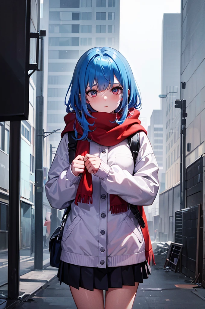 A young girl with blue hair, wearing a white hood and red scarf, stands in front of an abandoned city. She is also wearing a mini skirt that complements her outfit. The dragon that was previously by her side is now gone. The tips of her hair are tinged with pink, adding a touch of color. The scene is tinged with soft pink hues, creating a melancholic and serene atmosphere. The crumbling buildings and deserted streets of the city serve as a stark contrast to the girl's determined and hopeful expression.