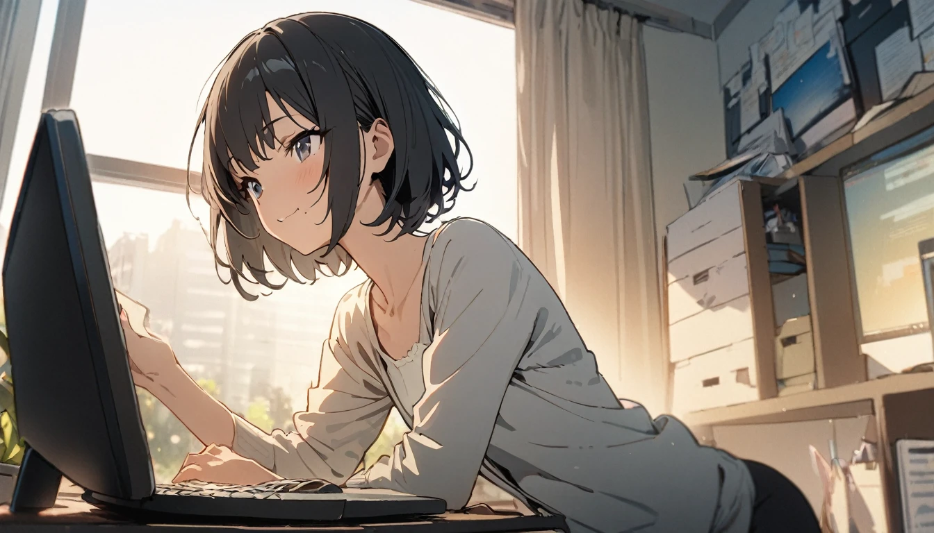 1girl, solo, gentle smile on her face flat chest, short hair, black hair, upper body, ((masterpiece, illustration, best quality)) ((best quality)), ((masterpiece)),（Pretty sister:1.3）、spring atmosphere、evening、aggressive、office、((impatient face))、Type into a computer、A lot of work、overtime