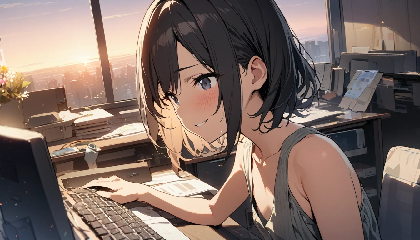1girl, solo, gentle smile on her face flat chest, short hair, black hair, upper body, ((masterpiece, illustration, best quality)) ((best quality)), ((masterpiece)),(Pretty sister:1.3)、spring atmosphere、evening、aggressive、office、((impatient face))、Type into a computer、A lot of work、overtime