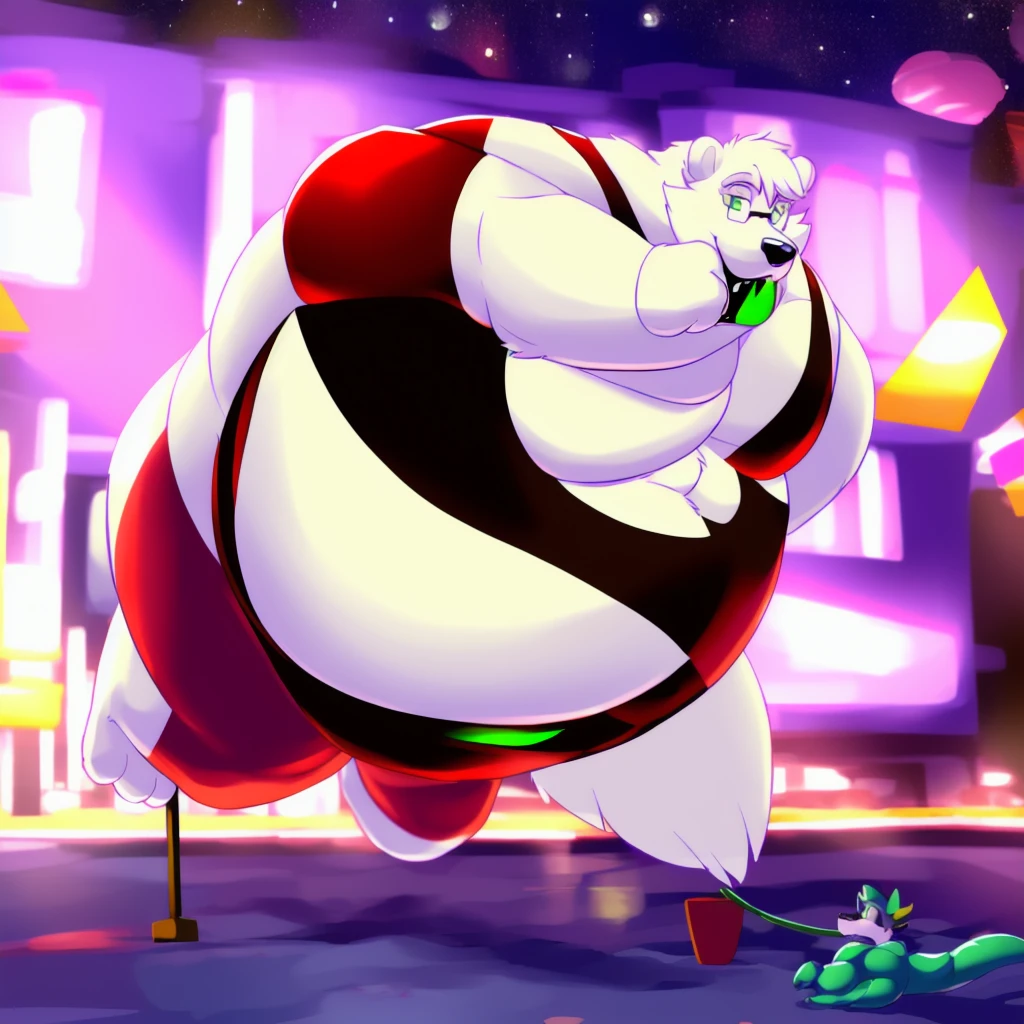 By mystikfox61, by glitter trap boy, by juiceps, by darkgem, solo, male, polar bear, white fur, green eyes, detailed eyes, detailed hands, muscular, inflating body overweight, musclegut, big biceps, smiling, glasses, wearing a full suit and tie, standing, street, outside, wonderful day out