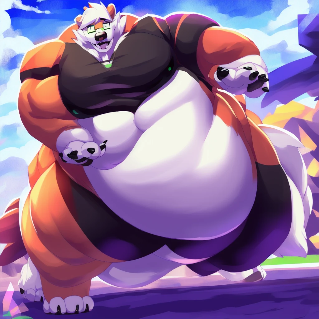 By mystikfox61, by glitter trap boy, by juiceps, by darkgem, solo, male, polar bear, white fur, green eyes, detailed eyes, detailed hands, muscular, inflating body overweight, musclegut, big biceps, smiling, glasses, wearing a full suit and tie, standing, street, outside, wonderful day out