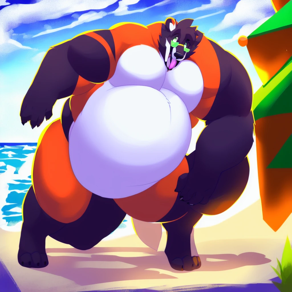By mystikfox61, by glitter trap boy, by juiceps, by darkgem, solo, male, polar bear, white fur, green eyes, detailed eyes, detailed hands, muscular, inflating body overweight, musclegut, big biceps, smiling, glasses, wearing a full suit and tie, standing, street, outside, wonderful day out