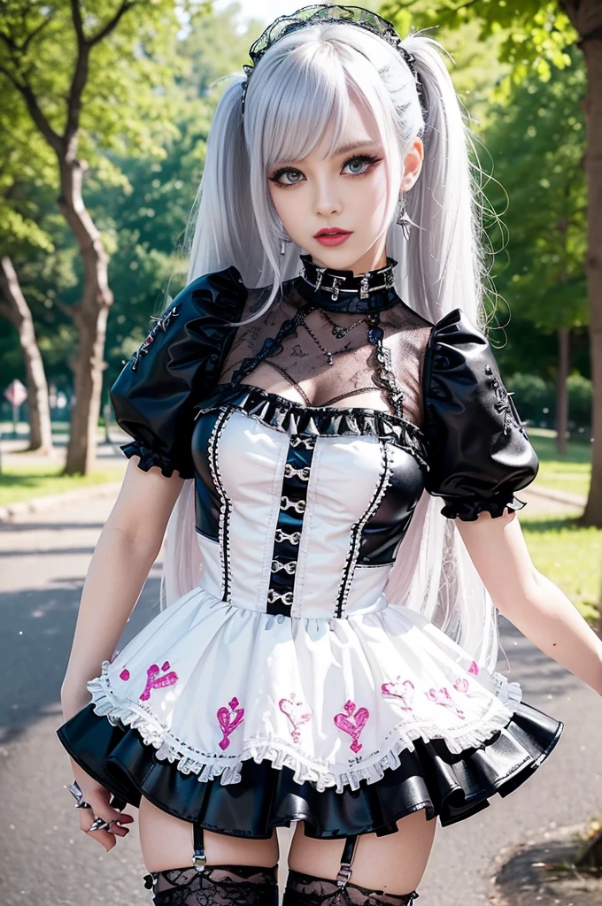 sexy stylish Swedish model, only 1 female, ((doll-like appearance)), long neon pink stylish hair, ((shiny Punk-Style boots)), (beautiful smile), ultra detailed eyes, Punk makeup, lipgloss, ((sexy Punk Lolita cosplay)), unconventional skirt, petticoats, high neckline, ((ultra detailed lace)), ((ultra detailed embroidery)), intricate details, tartan patterns, (silver chains), (silver spikes), (safety pins), Punk Lolita accessoires, Punk Lolita choker, ((large sparkling Punk Lolita jewelry)), cinematic light, detailed large park background with trees