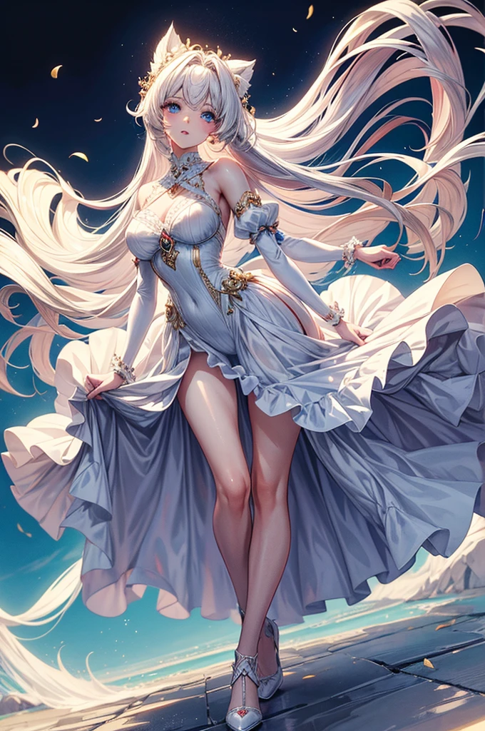masterpiece, best quality, distinct image, 1 girl, 16 year old ager, elegant and royal style ornate ruffled dress, solo. soft facial features, symmetrical shaped face, cherry red lip, alabaster white skin, sky blue eyes-colored eyes, tall height(185cm), slender yet thick, striking white hair, flowing long hairstyle, long and slender legs, curvy wide hips stretching the dress, full body image,