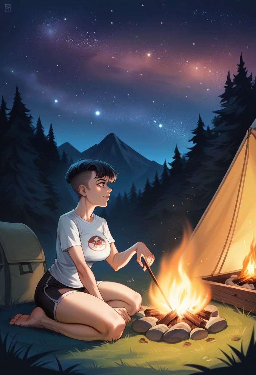A black-haired girl ., Looking at each other, wearing hiking shorts, very short t-shirts, showing abdomen, extremely high cut t-shirts, big breasts, sitting by a campfire in the grass, outdoors at night, tent camping, mountain meadow, 8k sensual lighting, Outdoor night, under the stars, extremely photorealistic 4k, extremely photorealistic 4k, at a campfire at night, Stargazing at night, cgsociety uhd 4k very detailed, trend on cgstation, night with starry sky, attractive pose