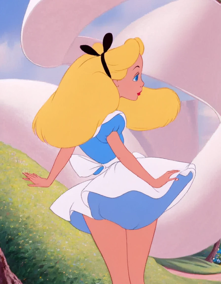 wxaliwonlan, 1girl, solo, long hair, blue eyes, blonde hair, alice (alice in wonderland), disney cartoon, masterpiece, best quality, upskirt view, full view, white panties, windy upskirt, looking down, legs together, standing, windy upskirt