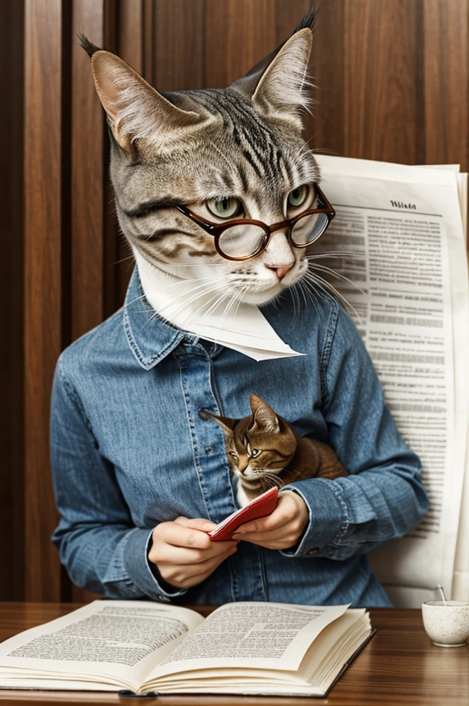 Very stressed pretty cat with glasses surprised reading a paper