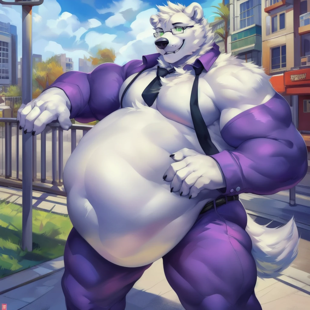 By mystikfox61, by glitter trap boy, by juiceps, by darkgem, solo, male, polar bear, white fur, green eyes, detailed eyes, detailed hands, muscular, inflating body overweight, musclegut, big biceps, smiling, glasses, wearing a full suit and tie, standing, street, outside, wonderful day out