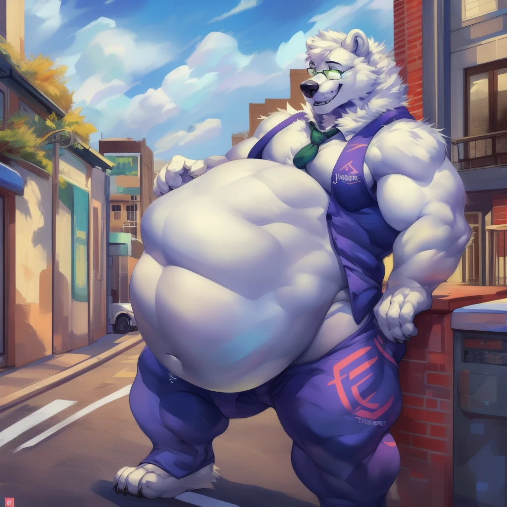 By mystikfox61, by glitter trap boy, by juiceps, by darkgem, solo, male, polar bear, white fur, green eyes, detailed eyes, detailed hands, muscular, inflating body overweight, musclegut, big biceps, smiling, glasses, wearing a full suit and tie, standing, street, outside, wonderful day out