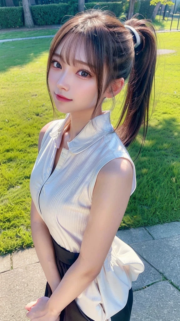 One piece with collar,outdoors,Urban Park,On the lawn,Ultra-detailed, finely detail, hight resolution, 8K Wallpaper, Perfect dynamic composition, Beautiful detailed eyes,Outdoor,Close-up of face,Outdoor,Blushing,Facing forward,,Long hair ponytail,((8k, Raw photo, Best Quality, Mastepiece:1.2), (Realism, Photorealistic:1.4), (Highly detailed 8K wallpapers), Depth of written boundary, Cinematic Lighting, Soft Light, Detailed Beauty Eye,Shiny and smooth light brown ponytail, Asymmetrical bangs, Shiny skin, Ultra-detailed skins ,It is high resolution., High detail, Detailed hairstyle, Detailed facial beauty, Hyper-realistic, Perfect limbs, Perfect Anatomy ,1 Japanese girl,Famous Japanese Idols, Perfect female body,A shy smile,Short eyelashes,Double-edged eyelids,Look straight here,Hair style: ponytail,