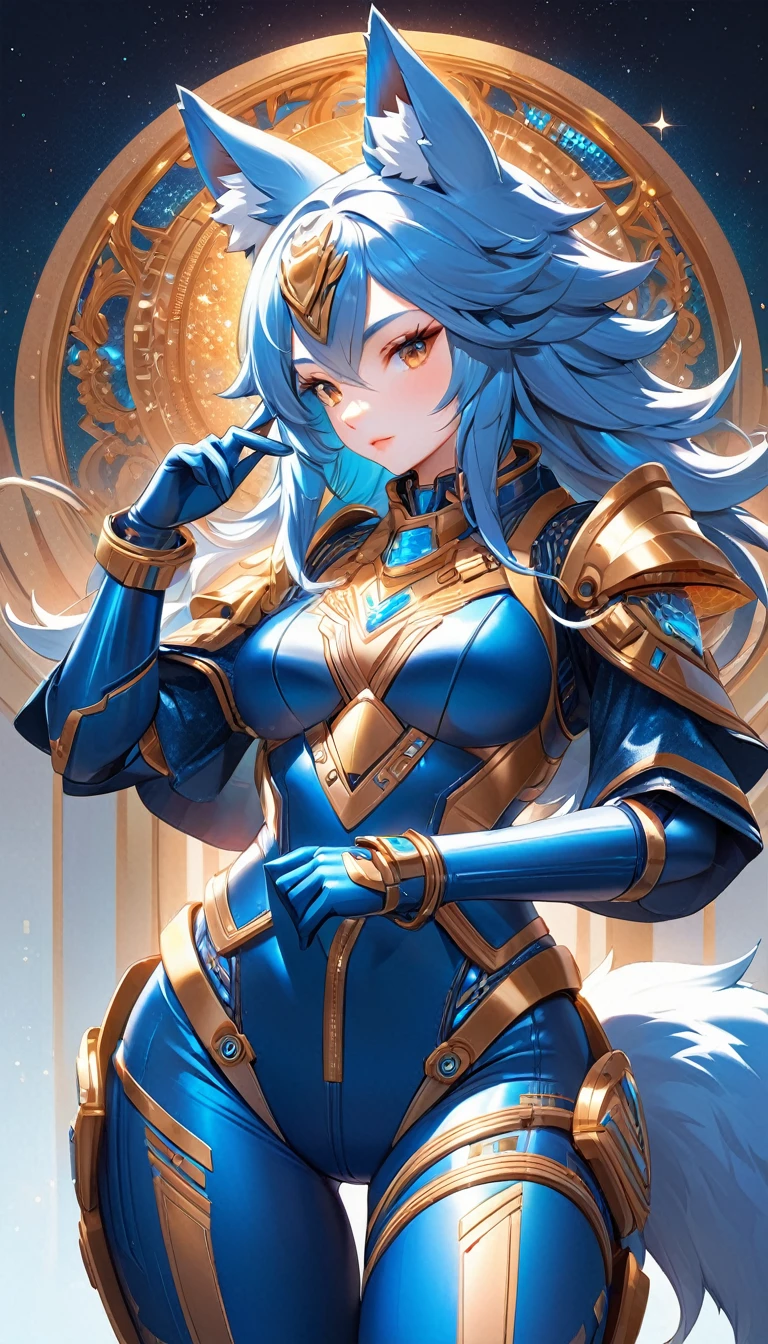 A stunningly detailed (((digital art piece))) inspired by the concept of High tech fantasy, featuring a (solo) (((anthro wolf goddess))) dressed in a sleek, red and blue power suit space armor, poised in a confident pose, with a (((wolf tail))), exuding an air of sophistication and power, her face framed by an intricate, detailed suit, suggesting a playful, loving stance, as if to express the sentiment of being iridescently beautiful