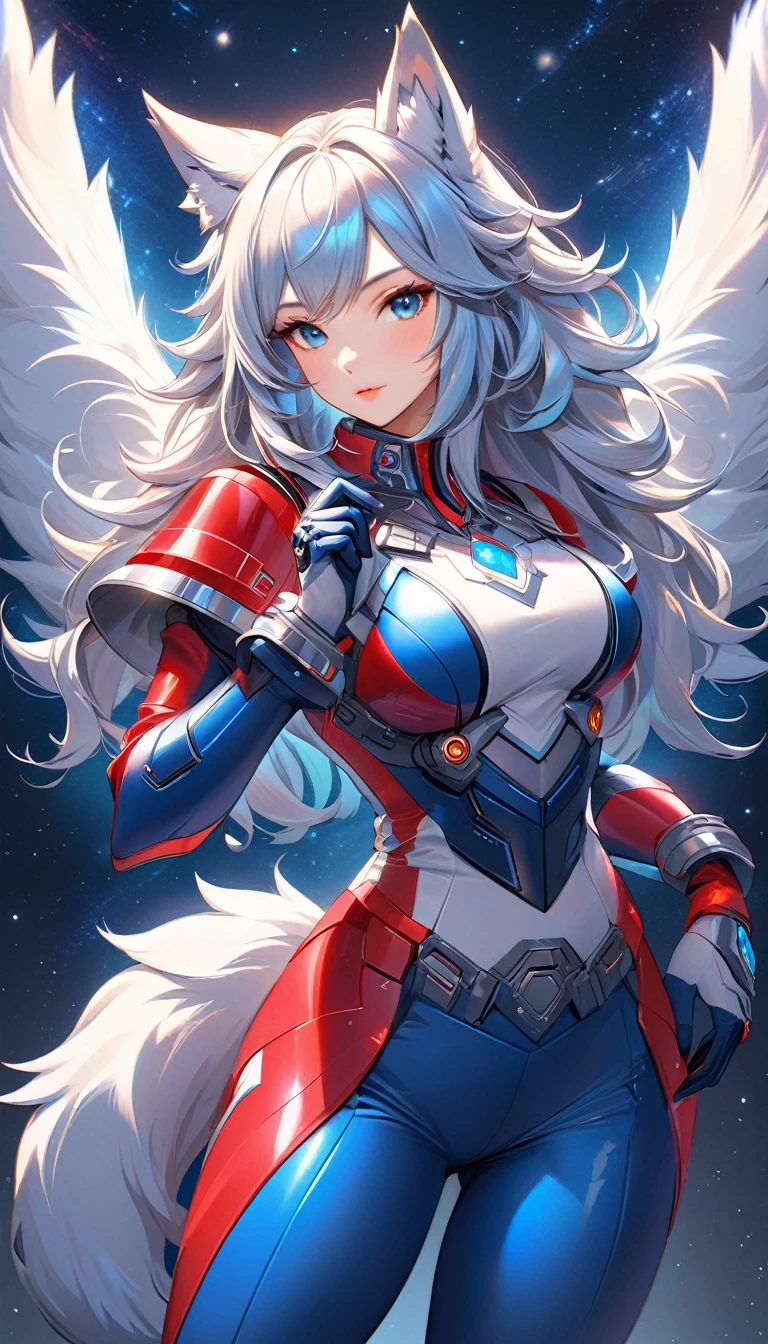 A stunningly detailed (((digital art piece))) inspired by the concept of High tech fantasy, featuring a (solo) (((anthro wolf goddess))) dressed in a sleek, red and blue power suit space armor, poised in a confident pose, with a (((wolf tail))), exuding an air of sophistication and power, her face framed by an intricate, detailed suit, suggesting a playful, loving stance, as if to express the sentiment of being iridescently beautiful