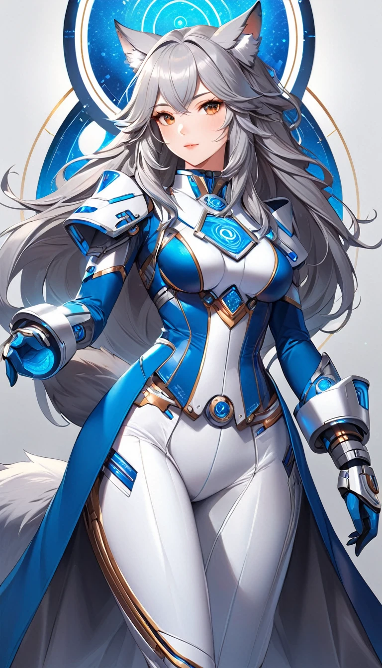 A stunningly detailed (((digital art piece))) inspired by the concept of High tech fantasy, featuring a (solo) (((anthro wolf goddess))) dressed in a sleek, red and blue power suit space armor, poised in a confident pose, with a (((wolf tail))), exuding an air of sophistication and power, her face framed by an intricate, detailed suit, suggesting a playful, loving stance, as if to express the sentiment of being iridescently beautiful