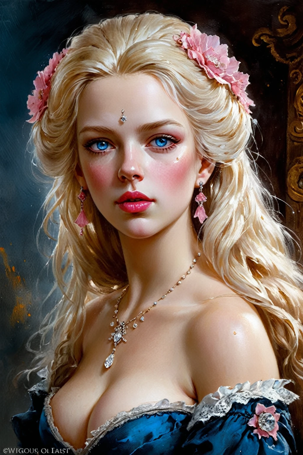 Victorian English Woman of the 18th century, very detailed Bright Blonde hair, Pink lips, very detailed skin, Nice features, Wadim Kashin, James Gurney, ink, Splash Art, Amazing beauty, Royo, after sexing, Super detailed splash art modern European oil ink painting, big Gorgeous chests, Gorgeous Body, oil painting, very detailed Bright Diamond Blue eyes, Blush, Greg Rutowski, no extra head:1.4.