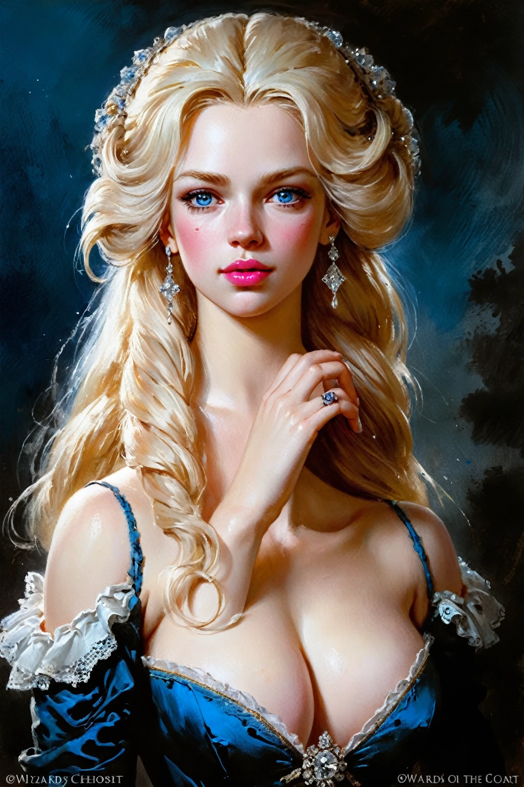 Victorian English Woman of the 18th century, very detailed Bright Blonde hair, Pink lips, very detailed skin, Nice features, Wadim Kashin, James Gurney, ink, Splash Art, Amazing beauty, Royo, after sexing, Super detailed splash art modern European oil ink painting, big Gorgeous chests, Gorgeous Body, oil painting, very detailed Bright Diamond Blue eyes, Blush, Greg Rutowski, no extra head:1.4.