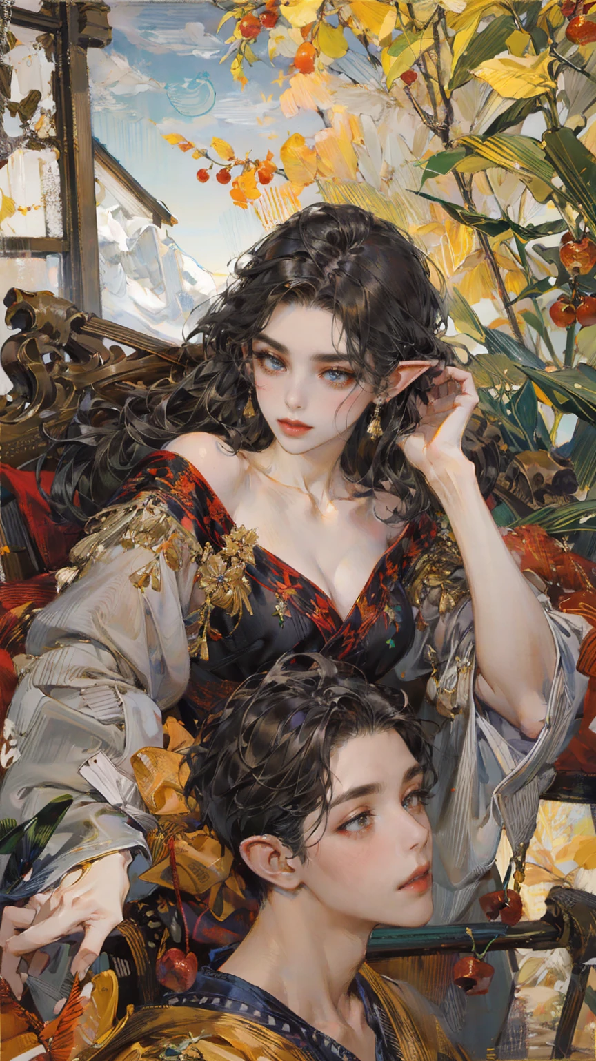 golden eyes,black hair,elf ears,(Fechin Oil Painting - Fechin Oil Painting , oil painted) ((best quality)), ((masterpiece)), (detailed),big tits, autumn ,leaves scatter, snow falling down ,vivid colors ,vibrant colors, forest, sky clouds,(red berries)red berries on a bush,(autumn)