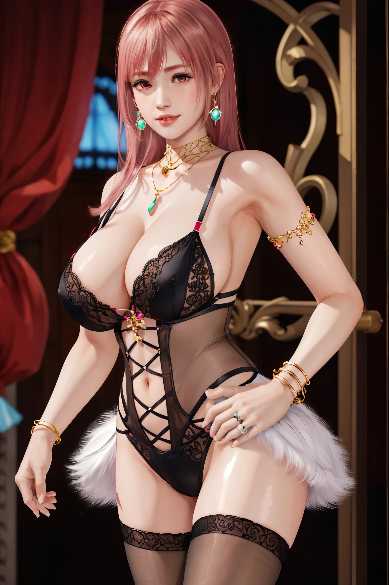 Honoka, bracelet，ring, ，Pink Hair，Huge breasts，Cleavage，Low-cut，pantyhose，cute，necklace，earrings，Lace，Red lips，shy，cute，Brown eyes，super huge breasts，Leg ring，Coverall，Bodysuit，Lots of meat，miniskirt，Holding breasts with both hands，Hands touching chest，Touching your breasts with both hands，Hands touching breasts