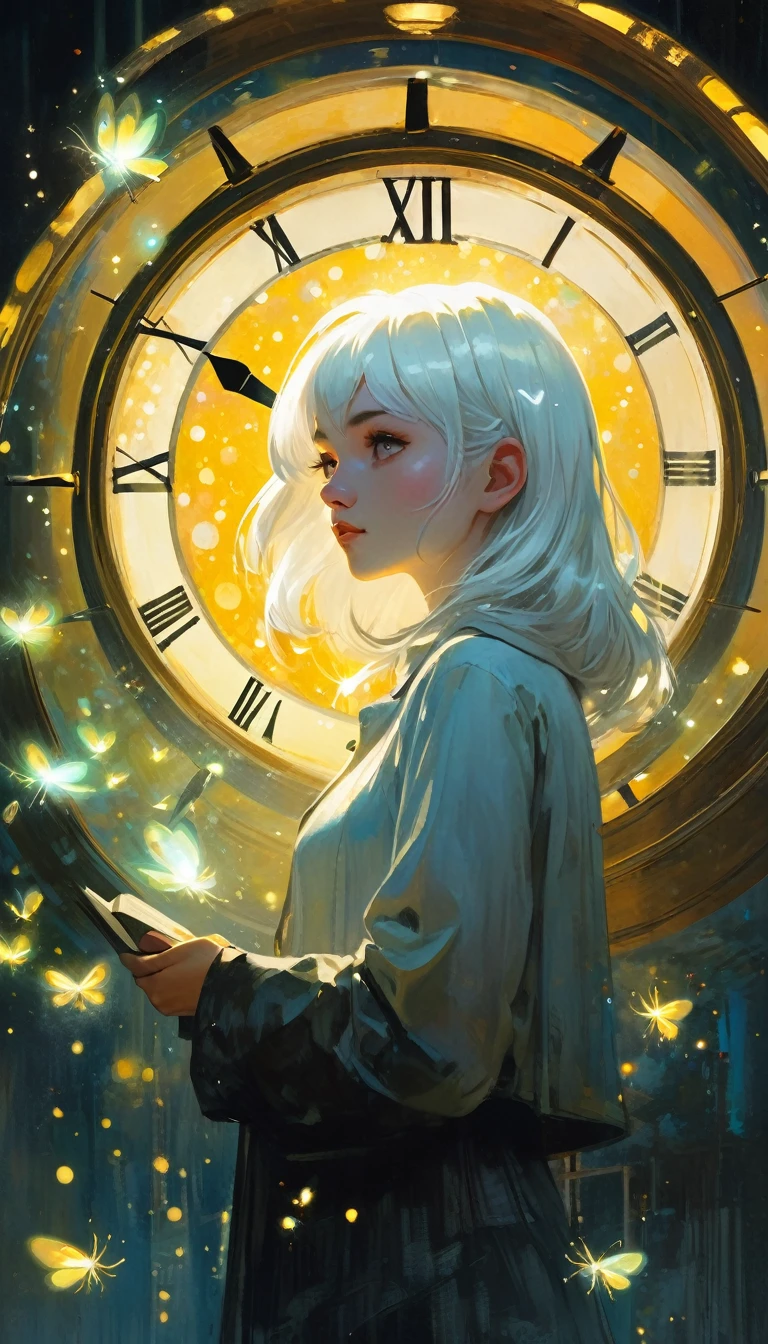 (((Best quality))), (((Ultra detailed))), ((((vivid)))), library, books, clock, ((particles, fireflies)), nostalgia, fantasy, 1girl, white hair, (art inspired by Bill Sienkiewicz). oil painting)