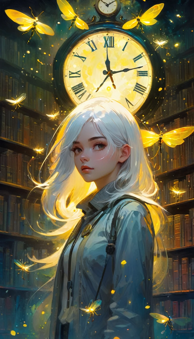 (((Best quality))), (((Ultra detailed))), ((((vivid)))), library, books, clock, ((particles, fireflies)), nostalgia, fantasy, 1girl, white hair, (art inspired by Bill Sienkiewicz). oil painting)