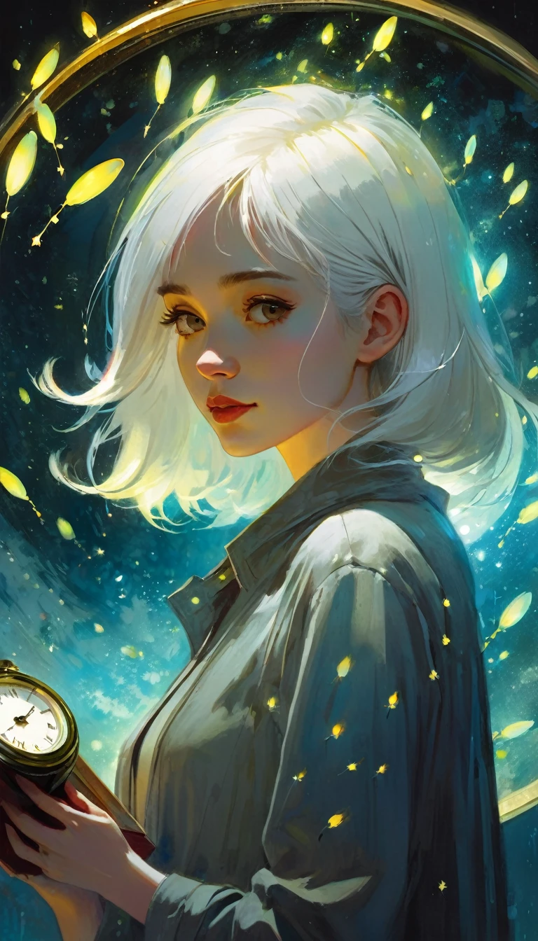 (((Best quality))), (((Ultra detailed))), ((((vivid)))), library, books, clock, ((particles, fireflies)), nostalgia, fantasy, 1girl, white hair, (art inspired by Bill Sienkiewicz). oil painting)
