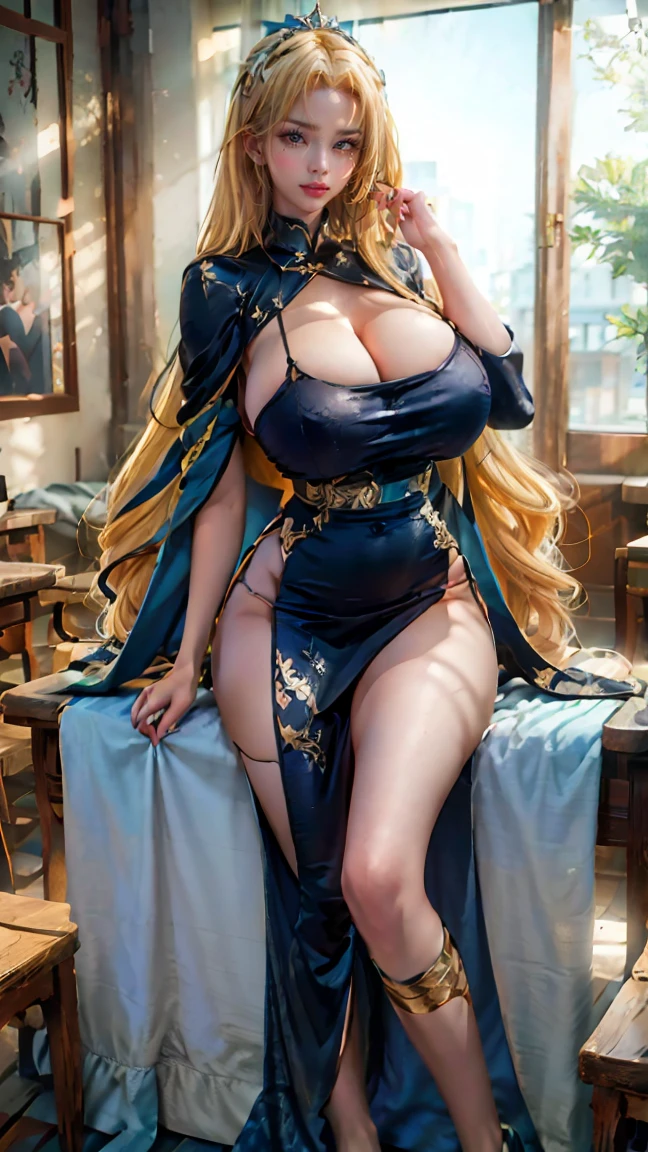 Best quality, masterpiece, ultra high res, raw photo, beautiful and aesthetic,deep shadow, dark theme,(ultra detailed:1.3),
1girl, sitting pose, Headdress, (beautiful face, detailed eye:1.2), embarrassed, (busty breasts, gigantic breasts:1.1), drill hair, long hair, blonde hair, gradient hair, yellow eyes, solo, big hair, blue hair, divine goddess, looking at viewer, indoors, royal palace, medieval bedroom, astraea, full body, (Chinese dress:1.3), (hairpins:1.2), sakimichan