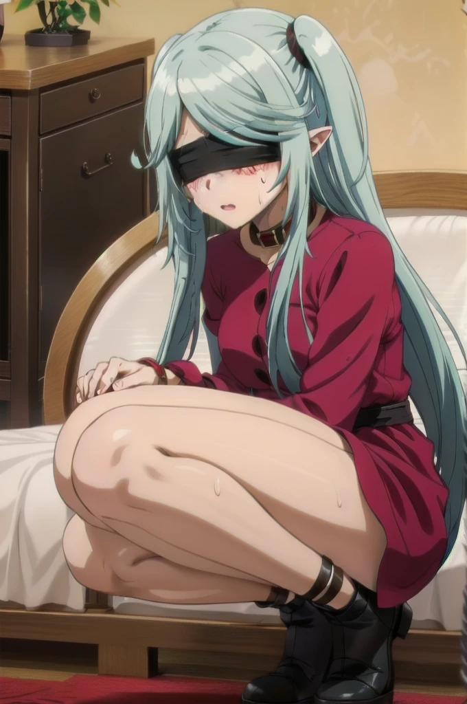dark blue hair,,long hair,purple eyes,pointy ears,elf,tall,red dress suit,bondage,tied up,bound,tied wrist,tied legs,(((blindfold))),blush,wet,sweat,rope.collar,leash,on the bed,eager pet pose