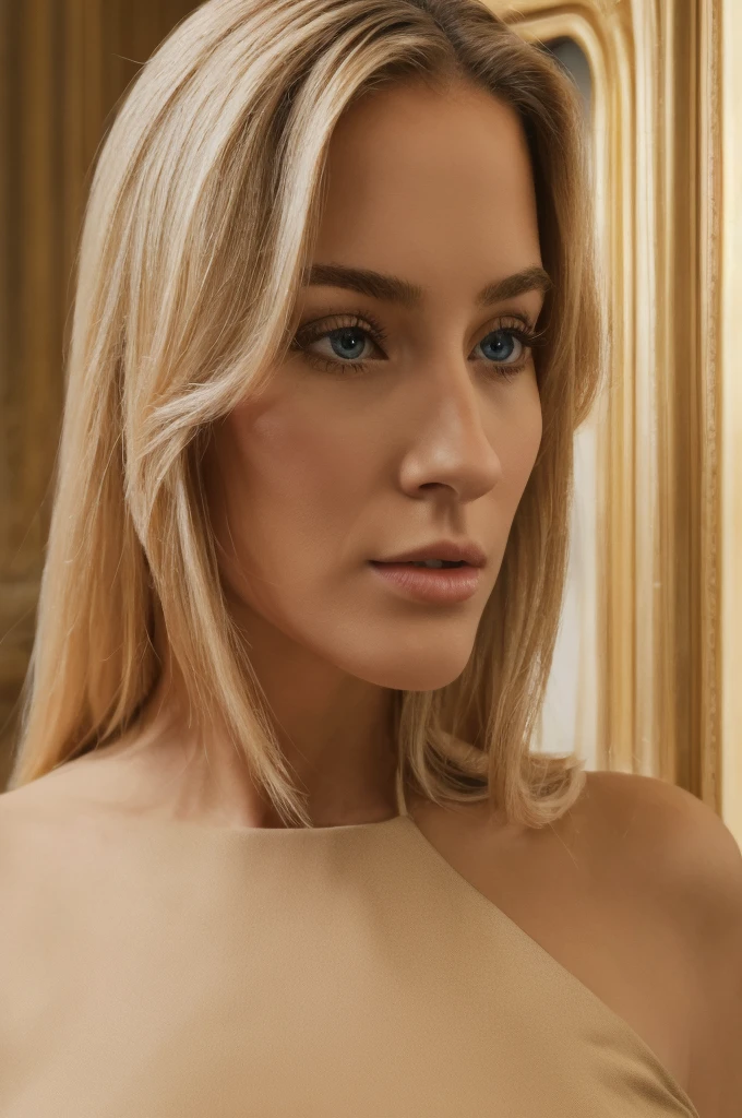 a beautiful blonde woman, beautiful golden blonde hair, detailed eyes, beautiful detailed lips, perfect body proportion, extremely detailed face, long eyelashes, in a museum, an elegant outfit, (best quality,4k,8k,highres,masterproject:1.2),ultra-detailed,(realistic,photorealistic,photo-realistic:1.37),museum interior, classical architecture, dramatic lighting, intricate details, museum artifacts, elegant pose, flawless skin, fashion portrait
