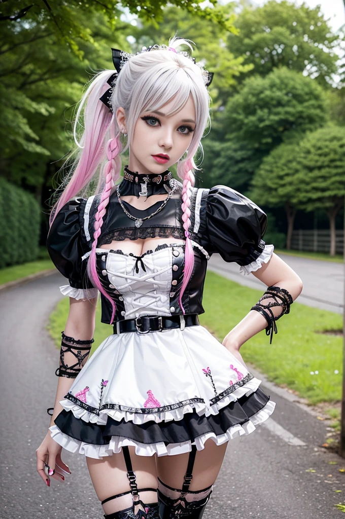 sexy stylish Swedish model, only 1 female, ((doll-like appearance)), long neon pink stylish hair, ((shiny Punk-Style boots)), (beautiful smile), ultra detailed eyes, Punk makeup, lipgloss, ((sexy Punk ta cosplay)), unconventional skirt, petticoats, high neckline, ((ultra detailed lace)), ((ultra detailed embroidery)), intricate details, tartan patterns, (silver chains), (silver spikes), (safety pins), Punk Loliccessoires, Punk Lolita cr, ((large sparkling Punk Lolita jewel, cinematic light, detailed large park background with trees