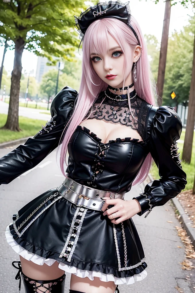 sexy stylish Swedish model, only 1 female, ((doll-like appearance)), long neon pink stylish hair, ((shiny Punk-Style boots)), (beautiful smile), ultra detailed eyes, Punk makeup, lipgloss, ((sexy Punk Lolita cosplay)), unconventional skirt, petticoats, high neckline, ((ultra detailed lace)), ((ultra detailed embroidery)), intricate details, tartan patterns, (silver chains), (silver spikes), (safety pins), Punk Lolita accessoires, Punk Lolita choker, ((large sparkling Punk Lolita jewelry)), cinematic light, detailed large park background with trees