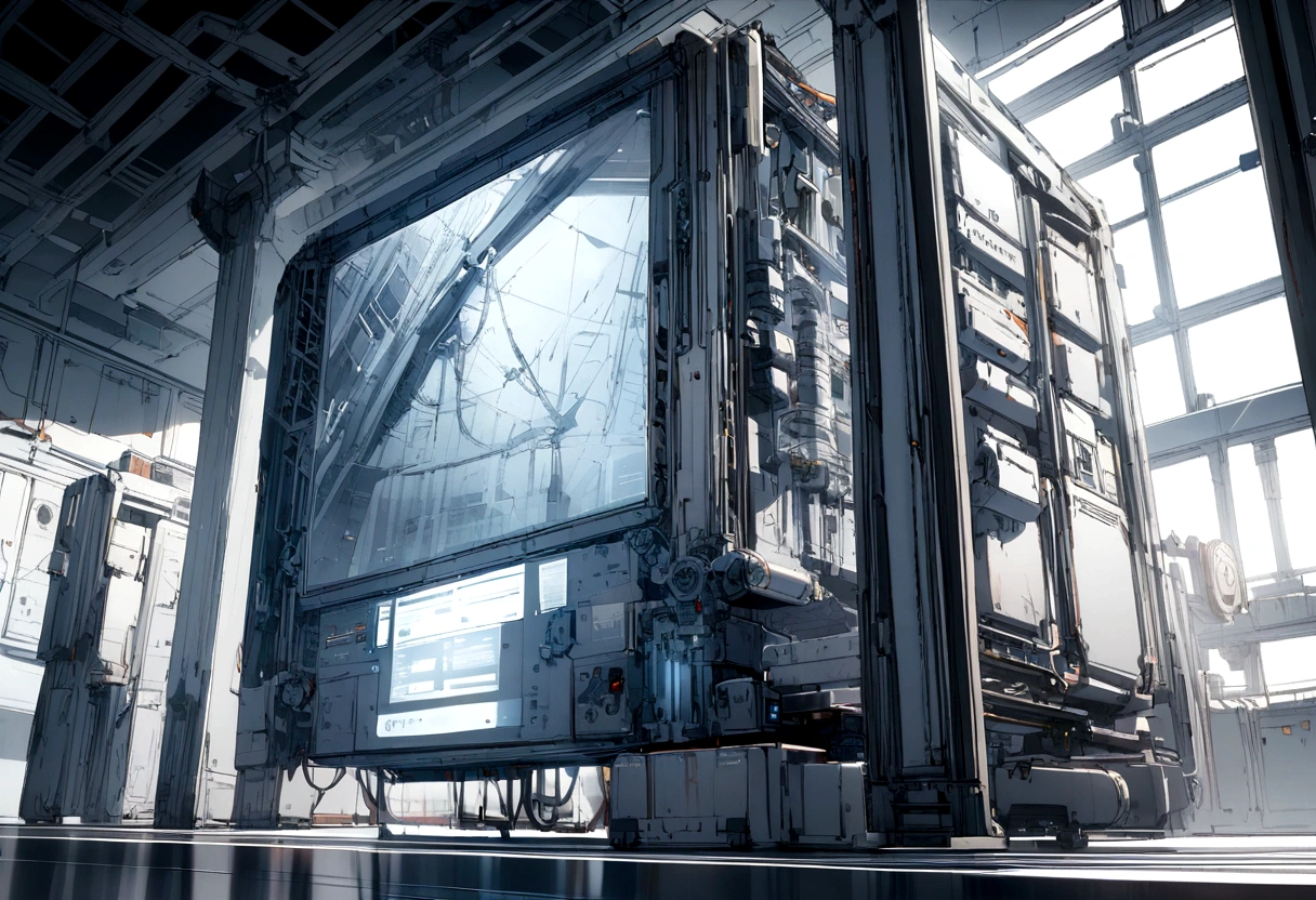 A large monitor hanging on the wall of a bright white science lab
