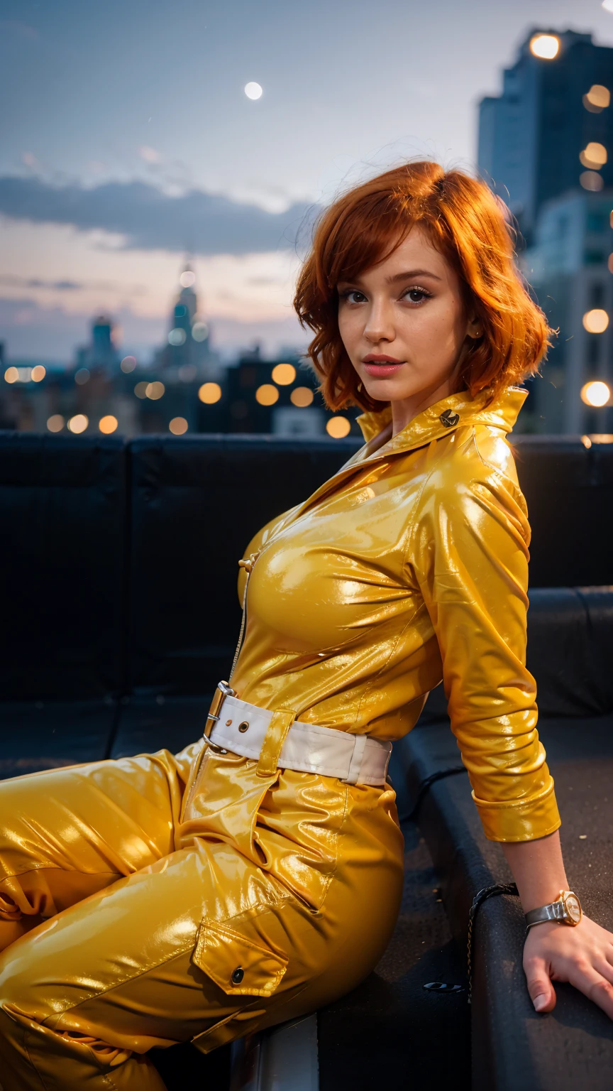 (masterpiece), (best quality), (solo character), (large breasts), (photorealistic:1.4), (chr1sh3n wearing white belt), (apriloneil costume, jumpsuit), (yellow latex jumpsuit), (apriloneil hairstyle), (apriloneil white belt), (apriloneil boots), (aprilonei wearing watch), (epiCRealLife), (lora:epiCFlashPhoto), (red hair), (red lipstick), (brown eyes), (young woman), (flashphoto), (at night), (new york city view), (garden rooftop), (outdoor),( sitting poses), (look at viewers), (different camera angle shots)