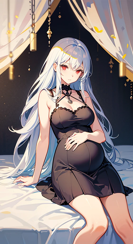one pregnant anime girl with white hair and red eyes, chained and laying on a bed. Sad. breast feeding