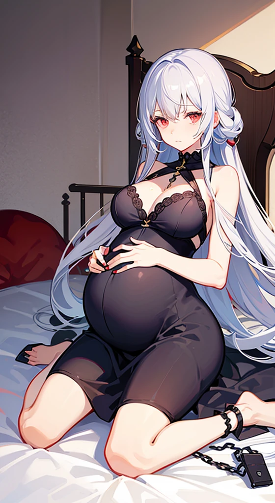 one pregnant anime girl with white hair and red eyes, chained and laying on a bed. Sad. breast feeding