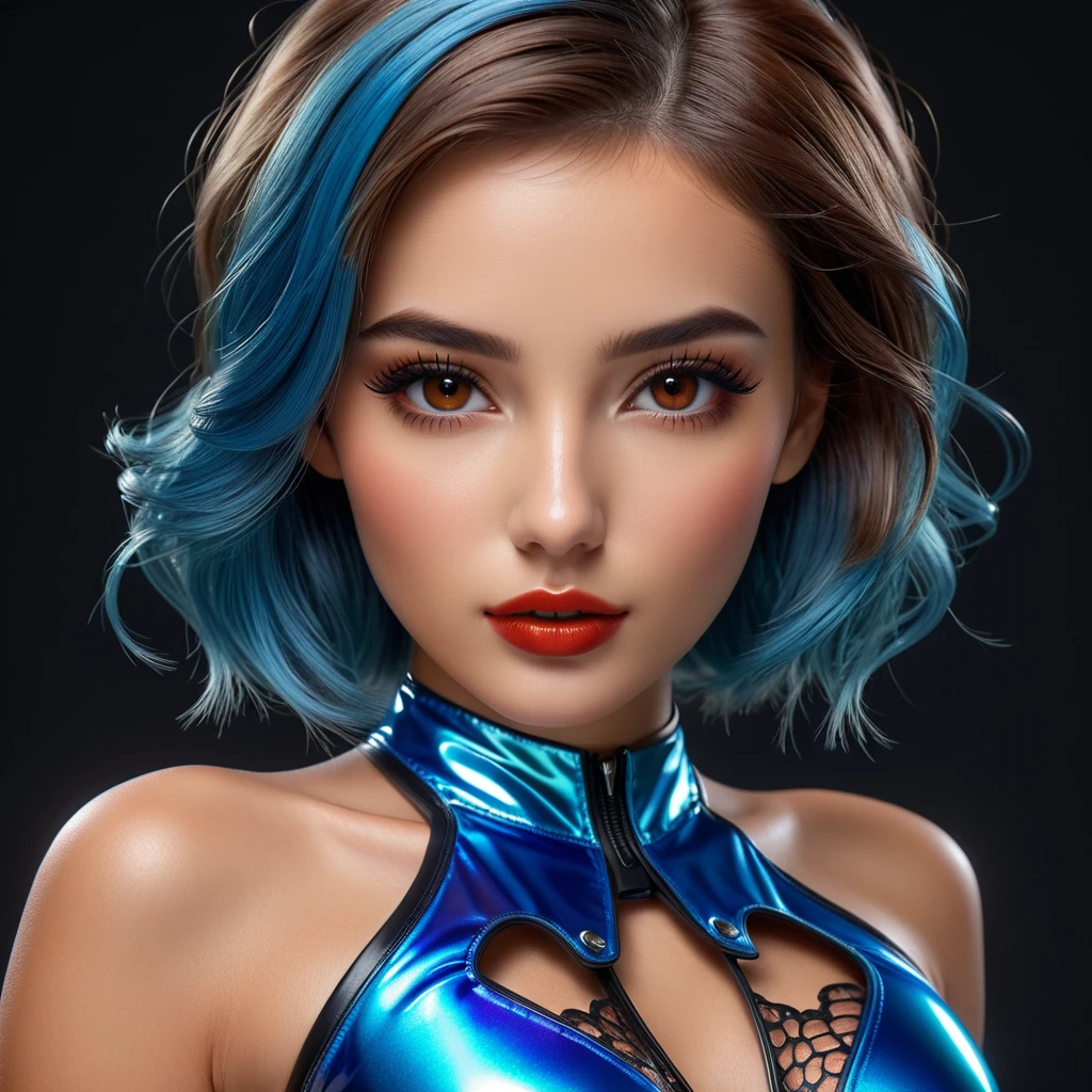 Divide Ratio : 1,1,1 Base Ratio: photorealistic Realism 32K high resolution Quality, fashion supermodel, (Glamour, paparazzi taking pictures of her), (highly detailed 32k absurd high resolution Quality), ((girl 25-year-old)) ),(best high quality real texture skin:1.3),(best quality texture hair:1.4), ((spread your legs:1.3))、BREAK,((Blue hair (slicked to the side), extremely detailed:1.35)),(best high quality:1.4),(photo realistic:1.5),(Hyperrealism:1.5),((sharp focus)),(highest resolution),((soft neon lighting on the face and body)),(perfect proportions),(anatomically correct),((perfect female body)),((firm normal full breasts:1.3)),beautiful cheekbones,((narrow waist, skinny thighs:1.43)), ((slim, muscled body:1.3)),absurd(ultra detailed eyes), finely detailed face,finely quality eyes,(tired and sleepy and satisfied:0.0),(with a digital rendering),realistic eyes,perfect round eyes,finely detailed pupils,((brown_eyes:1.3)),BREAK,detailed lips:1.3,dark_makeup:1.22, (red_lipstick:1.25),perfect dark_eyeshadows:1.35, (super detailed makeup on eyes:1.3), iridescent eyes, with professional makeup, vibrant eyes:1.2, (Detailed nose:1.2),BREAK, (((highly elaborate, extravagant microscopic streetwear: 1.25)), transparent colored PVC (super shiny transparent hologram colorful soft PVC suit: 1.28), Ultra tight bodysuit with reflective surfaces, ((strapless one-piece swimsuit:1.22), intricate details:1.33)), BREAK,makeup:1.22, exquisite balance of shadows,perfect composition,((look at the viewer)), Hasselblad, 50mm f/2.2