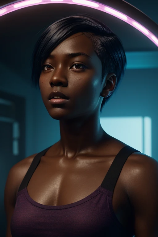 Dark skinned muscular tomboy girl with undercut hair, illustrated by aoiro studio and masaaki komori, hyper detailed, neon lights, cinematic lighting, matte painting, illustrated in an oil painting style, trending on artstation, contemporary art, surrealistic and dreamlike atmosphere.