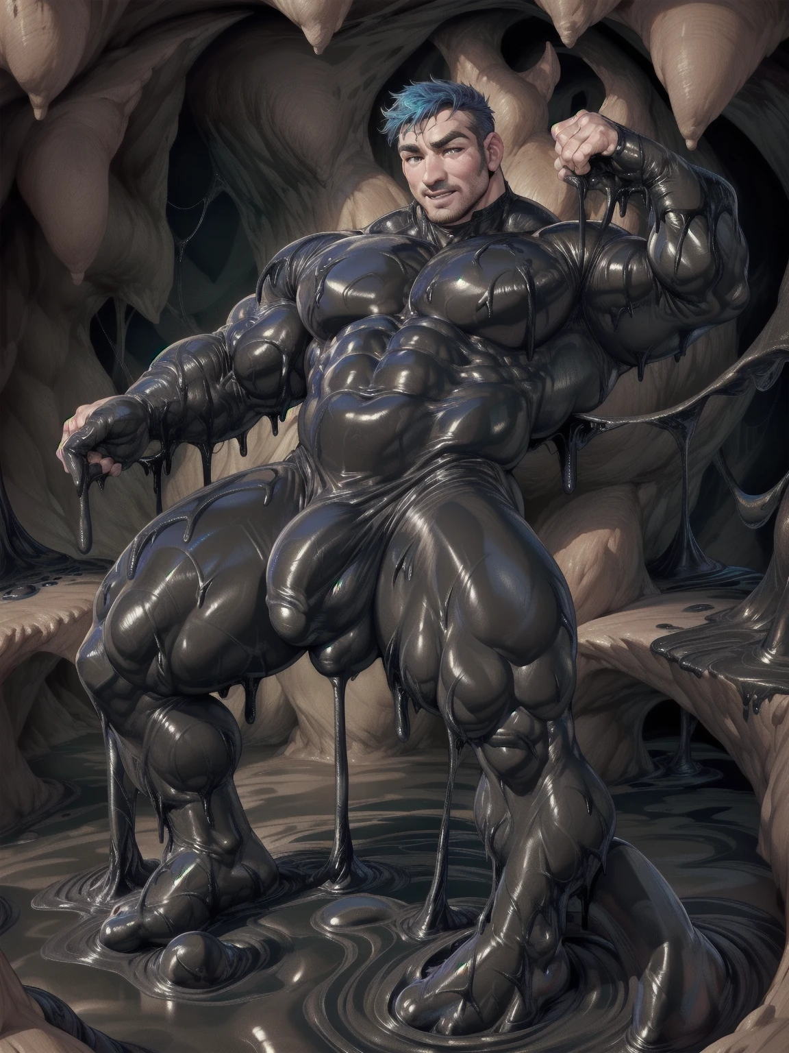 bulgeJ8,black penis erection:1.5 ,black slime tentacles rising from floor:2,big bulge,tenting,man ie down back on black slime,slime,standing  in black slime tentacles,(((human head:male,bara face,short hair:brown,melting:1))),(in black slime rubber suit,rubber suit:1.5 ,shiny:1.5),(black slime cave backgrounds:2 ),(by ross ,by null-ghost, by thebigslick, by darkgem, by honovy)