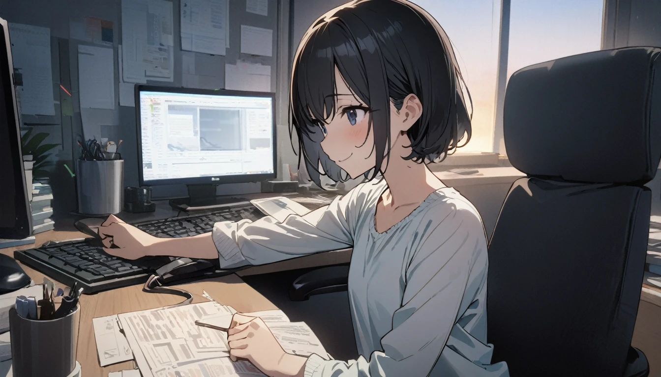 1girl, solo, gentle smile on her face flat chest, short hair, black hair, upper body, ((masterpiece, illustration, best quality)) ((best quality)), ((masterpiece)),(Pretty sister:1.3)、spring atmosphere、evening、aggressive、office、((impatient face))、Type into a computer、A lot of work、overtime
, sitting in an office chair