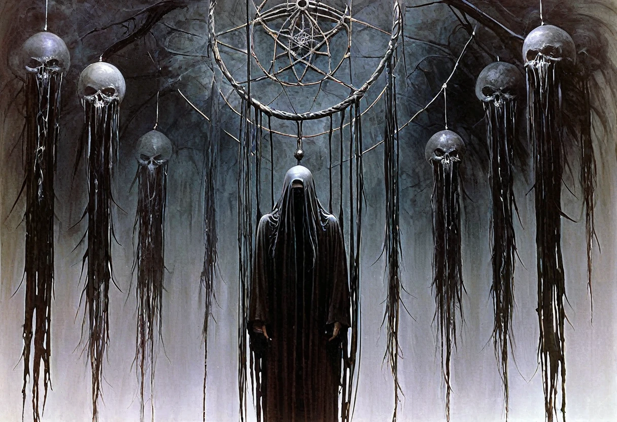 (Masterpiece, best quality), (lo Gothic), Dream Catcher, Vampir, (HG giger, Art by Hermann Nitsch, Beksinski, Dariusz Zawadzki, giger, zdzislaw beksinski)
