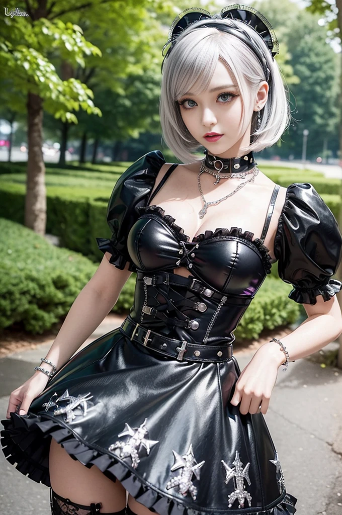 sexy stylish female model, only 1 female, ((doll-like appearance)), very short multicolor stylish hair, ((shiny Punk-Style boots)), (beautiful smile), ultra detailed eyes, Punk makeup, lipgloss, ((sexy Punk Lolita cosplay)), unconventional skirt, petticoats, high neckline, ((ultra detailed lace)), ((ultra detailed embroidery)), intricate details, tartan patterns, (silver chains), (silver spikes), (safety pins), Punk Lolita accessoires, Punk Lolita choker, ((large sparkling Punk Lolita jewelry)), cinematic light, detailed large park background with trees
