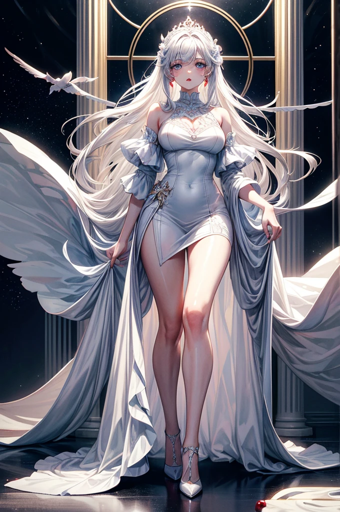 masterpiece, best quality, distinct image, 1 girl, 16 year old ager, elegant and royal style ornate ruffled dress, solo. soft facial features, symmetrical shaped face, cherry red lip, alabaster white skin, sky blue eyes-colored eyes, tall height(185cm), slender yet thick, striking white hair, flowing long hairstyle, long and slender legs, curvy wide hips stretching the dress, full body image,