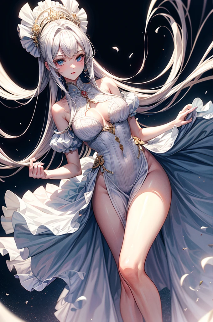 masterpiece, best quality, distinct image, 1 girl, 16 year old ager, elegant and royal style ornate ruffled dress, solo. soft facial features, symmetrical shaped face, cherry red lip, alabaster white skin, sky blue eyes-colored eyes, tall height(185cm), slender yet thick, striking white hair, flowing long hairstyle, long and slender legs, curvy wide hips stretching the dress, full body image,