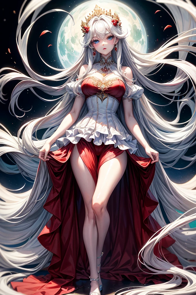 masterpiece, best quality, distinct image, 1 girl, 16 year old teenager, elegant and royal style ornate ruffled dress, solo. soft facial features, symmetrical shaped face, cherry red lip, alabaster white skin, sky blue eyes-colored eyes, tall height(185cm), slender yet thick, striking white hair, flowing long hairstyle, long and slender legs, curvy wide hips stretching the dress, full body image,