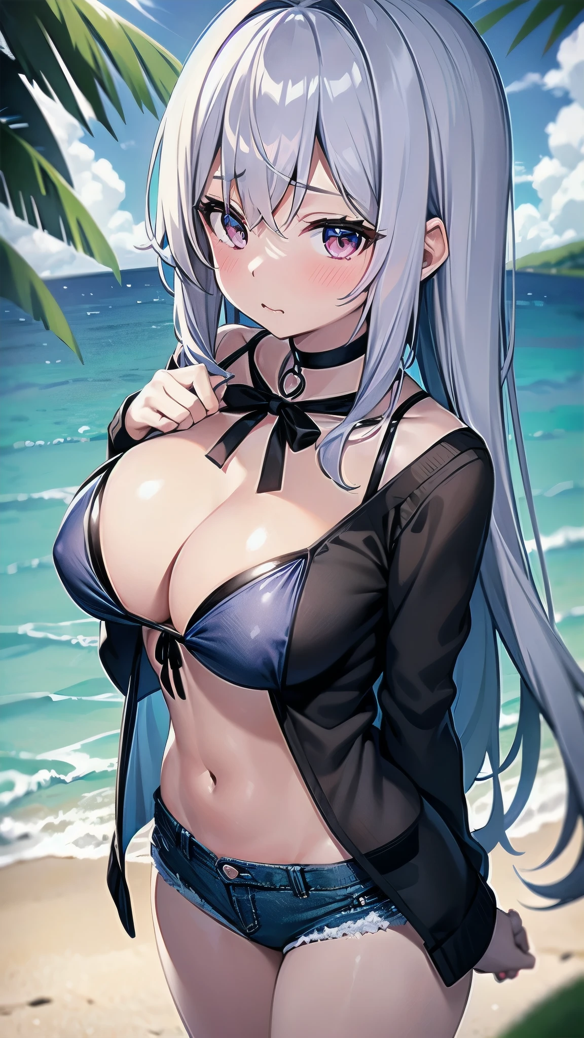 Shy woman blushing、She wears a black bikini with a black ribbon over her breast.、She is wearing a see-through cardigan、She is wearing navy blue denim hot pants、This is a beach on a southern island.、There are mob girls around、