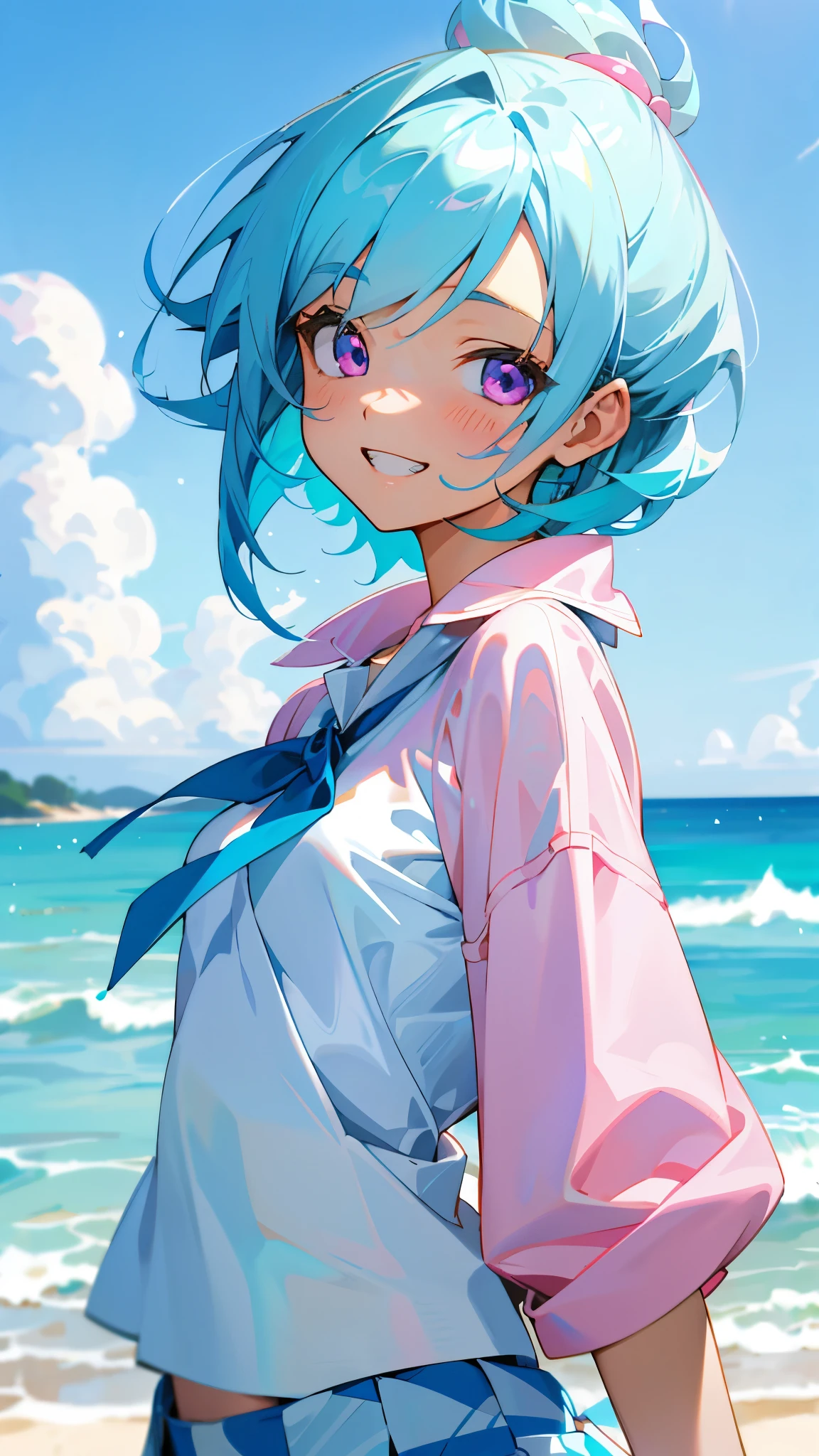 ****************、Anime style painting、Light blue hair、Pink Eyes、Small breasts、white blouse shirt、Checked mini skirt、Upper body close-up、Sandy beach background、Blue sky and white clouds、Grin、From the side、Sharp contours